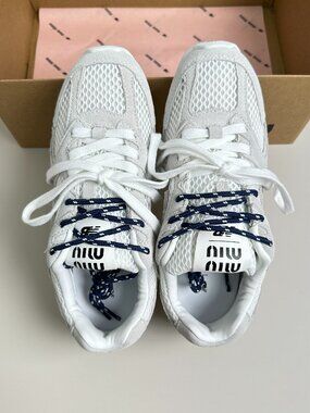 Miu Miu x New Balance grey and white retro running shoes